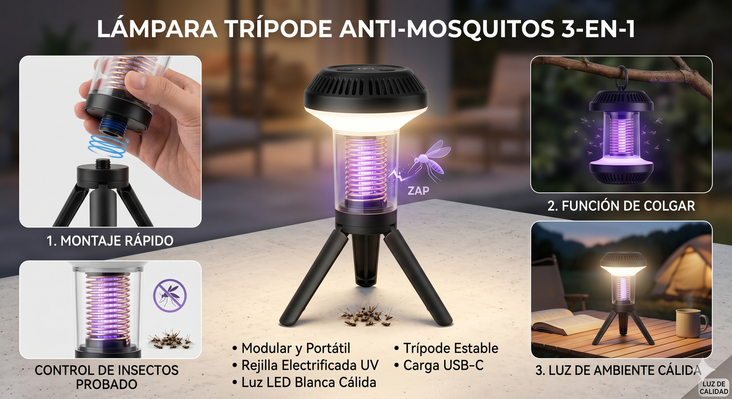 Linterna trípode antimosquitos 3 en 1